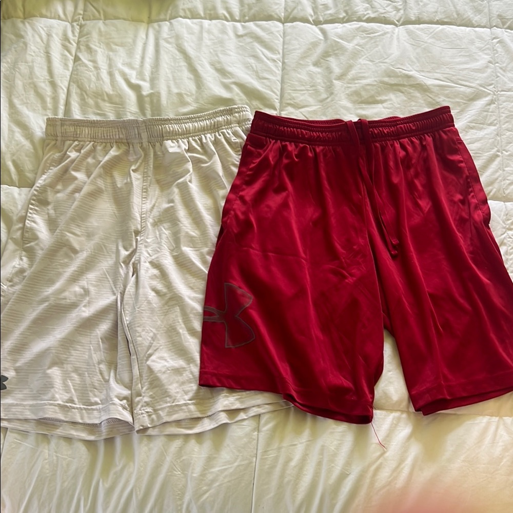 Bundle: Under Armour Athletic Red and White Shorts Elastic Waistband
